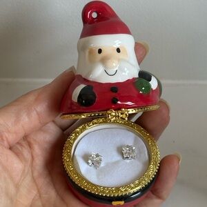 Vintage Avon Ceramic Santa Trinket Box with CZ Stud Earrings Gift Set NIB